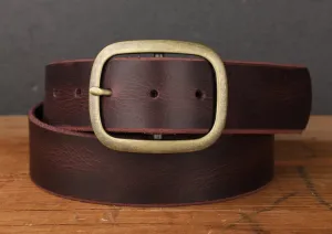 Oxblood Purple Maroon Burgundy Leather Belt with Antique Brass Buckle