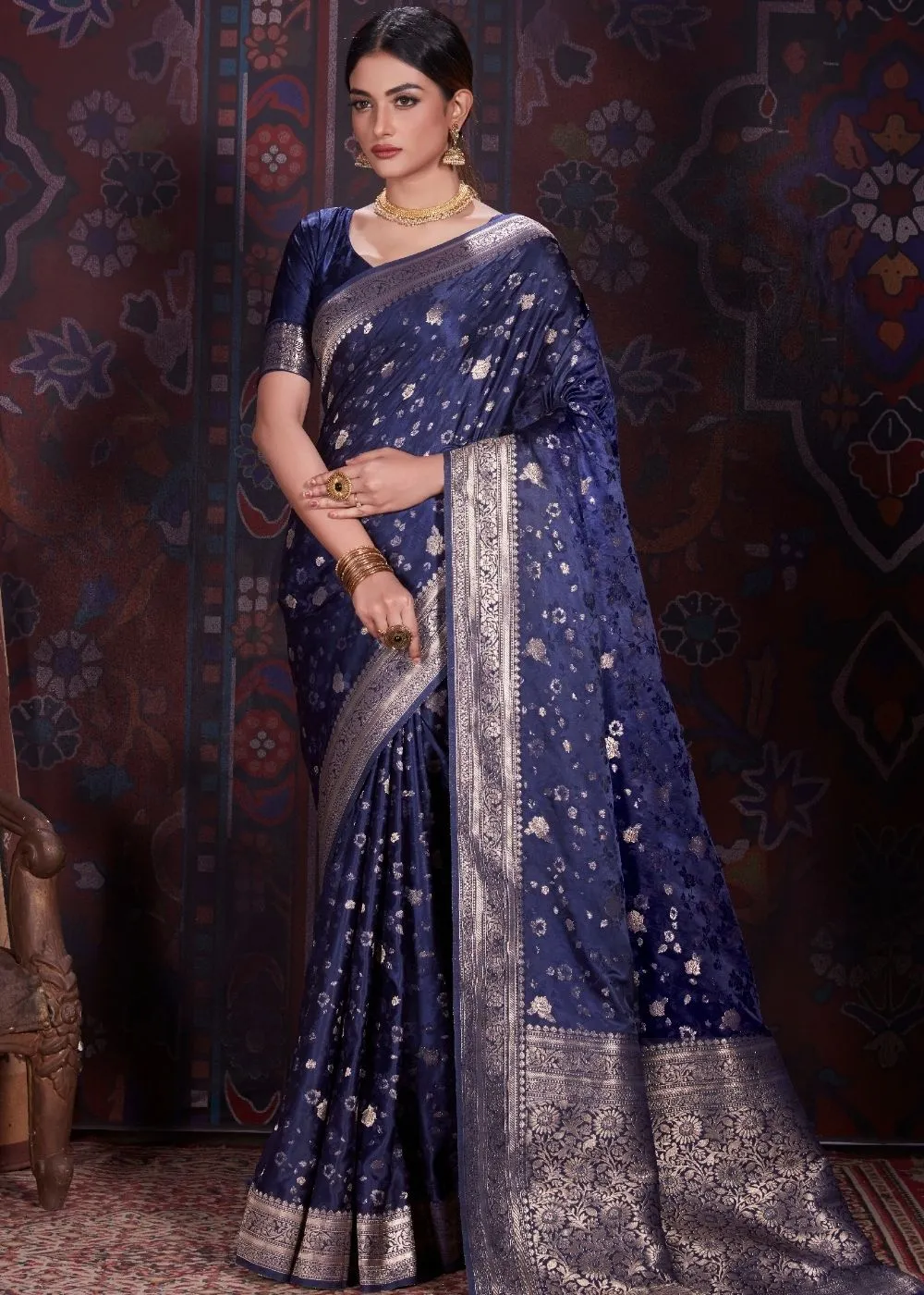 Oxford Blue Zari Woven Satin Silk Saree