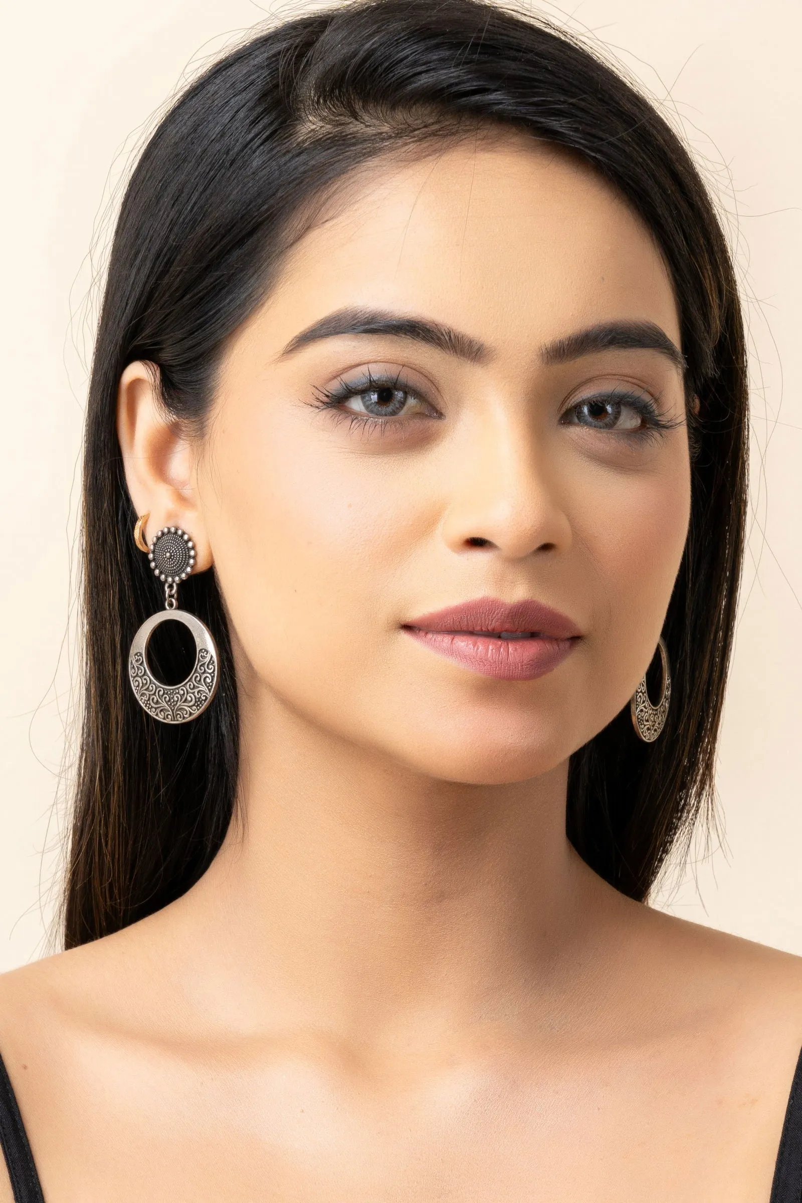 Oxidized German Silver Round Stud Chandbali Earrings