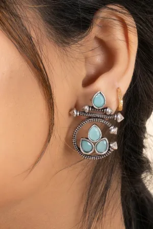 Oxidized Silver Designer Aqua Stud Earrings with Elegant Gemstone for Daily and Occasion Wear