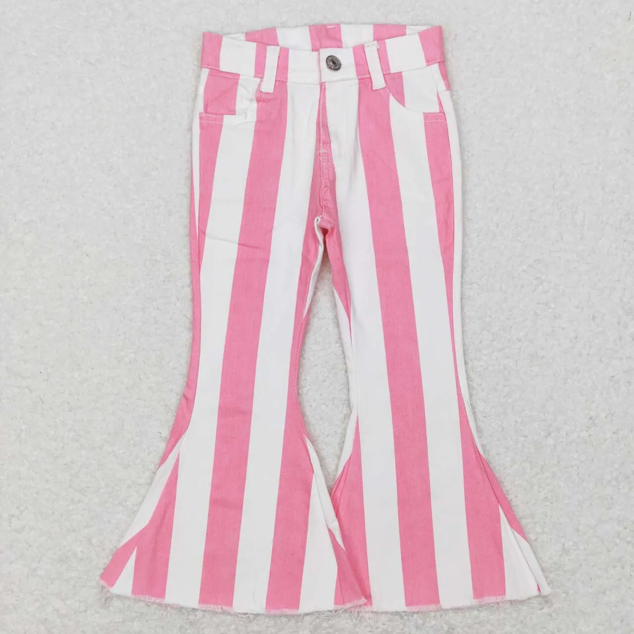 P0315 girls pink stripes flared denim trousers