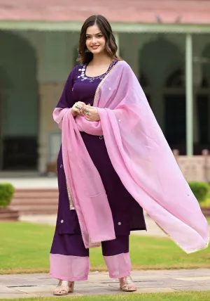 Paakiza Purple Cotton Straight Handwork Suit Set