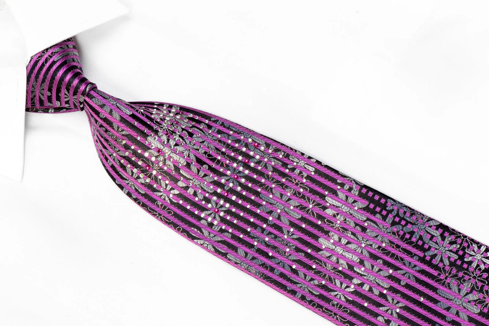 Paco Rabanne Men's Rhinestone Necktie Purple Striped Silver Floral On Black