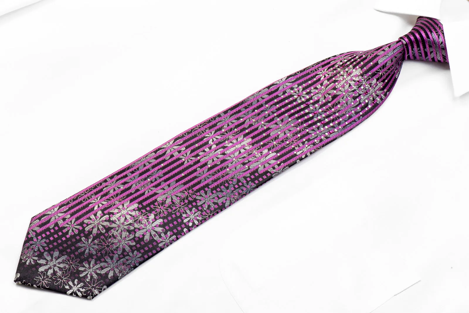 Paco Rabanne Men's Rhinestone Necktie Purple Striped Silver Floral On Black