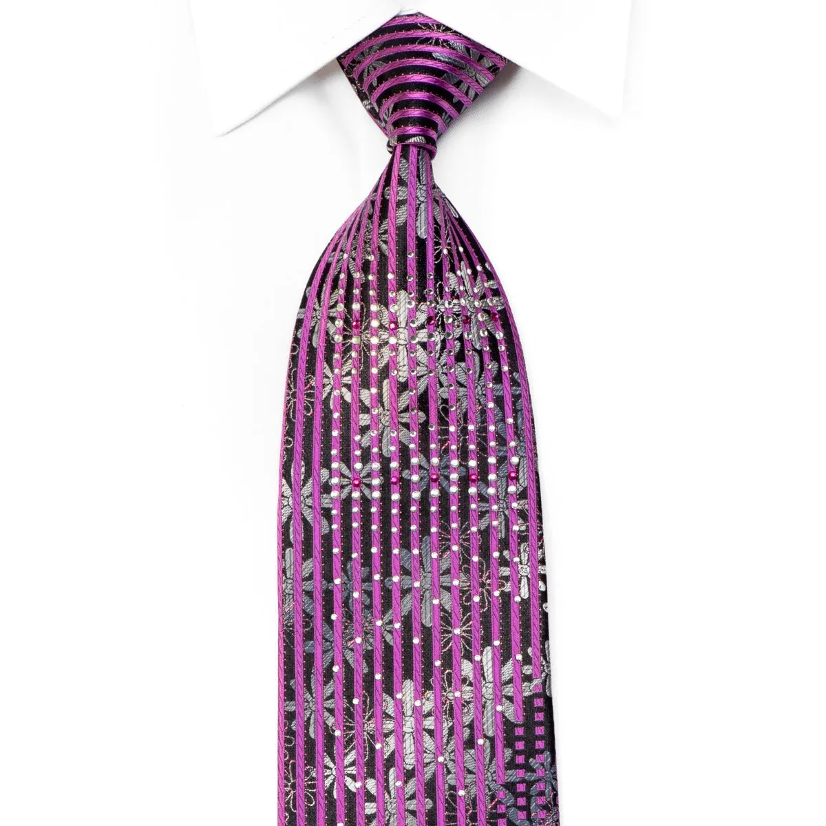 Paco Rabanne Men's Rhinestone Necktie Purple Striped Silver Floral On Black