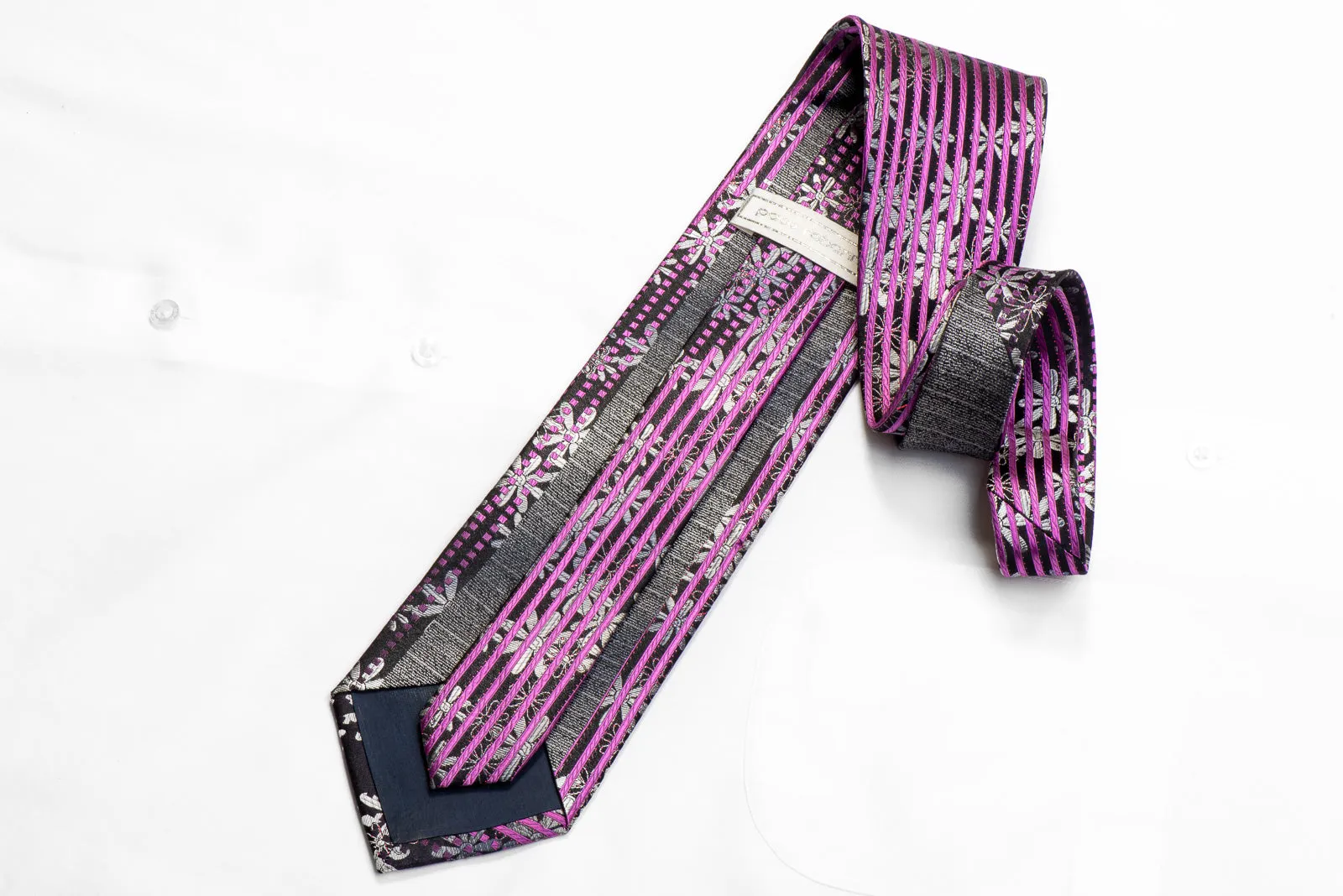 Paco Rabanne Men's Rhinestone Necktie Purple Striped Silver Floral On Black