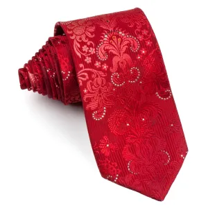 Paco Rabanne Men's Silk Neck Tie Damask On Red With Rhinestones & Sparkles