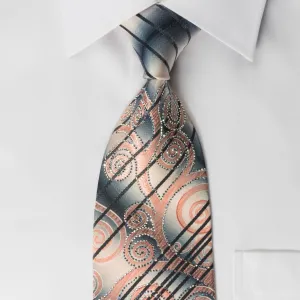 Paco Rabanne Mens Silk Rhinestone Necktie Pink Scrolls On Gray