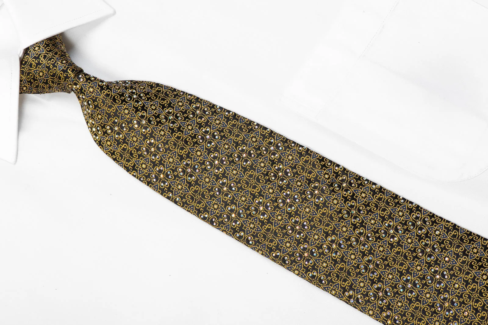 Paco Rabanne Rhinestone Silk Necktie Gold Cartouche On Black With Sparkles