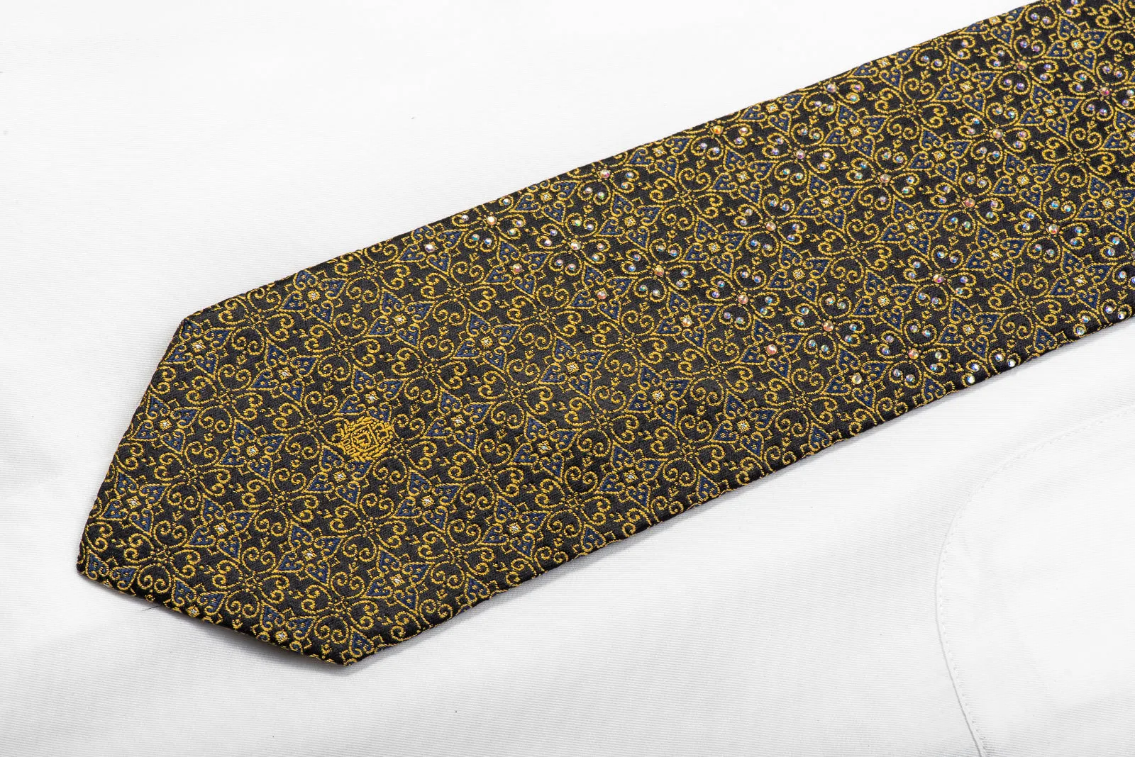 Paco Rabanne Rhinestone Silk Necktie Gold Cartouche On Black With Sparkles