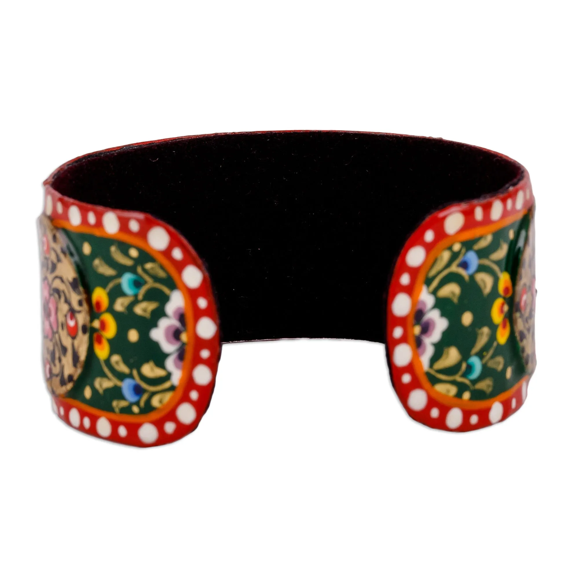 Painted Floral Red and Green Lacquered Tin Cuff Bracelet - Uzbekistan Deity | NOVICA