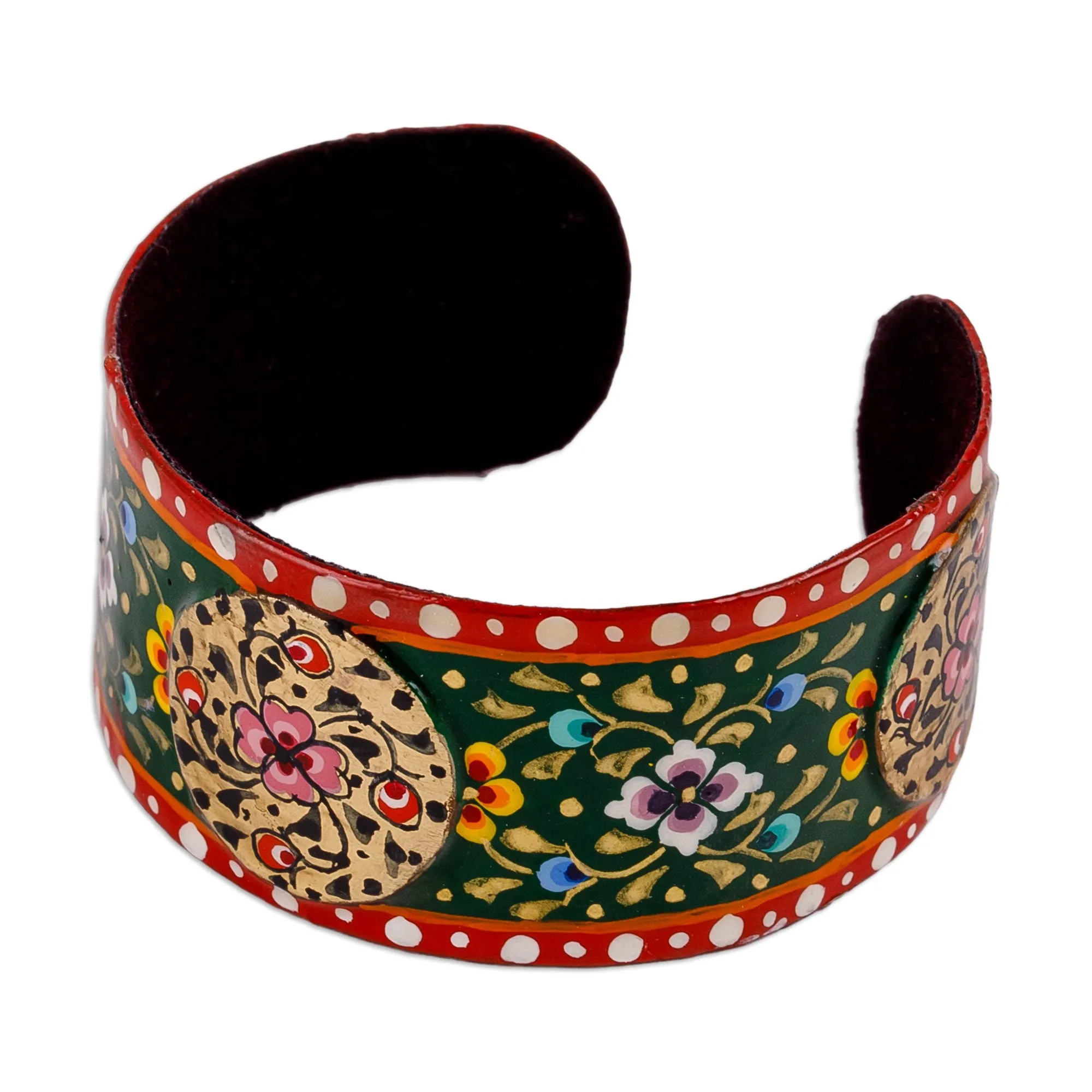 Painted Floral Red and Green Lacquered Tin Cuff Bracelet - Uzbekistan Deity | NOVICA