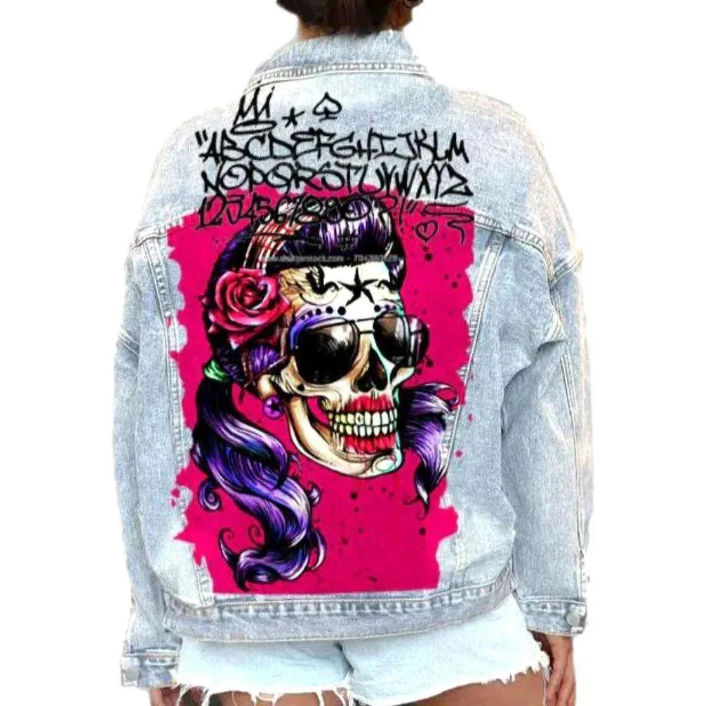 Painted skull print jeans jacket
 for women