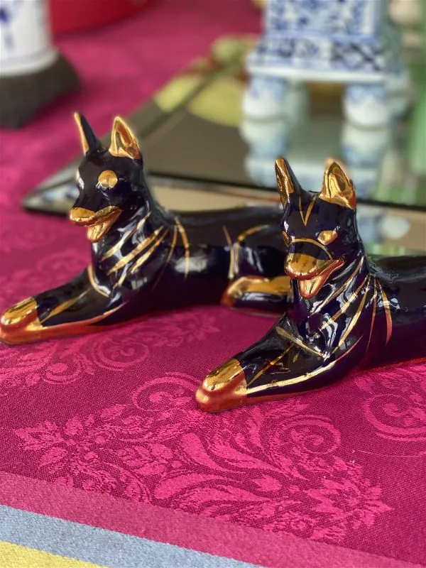 Pair Gold and Blue Ceramic Dog Figurines