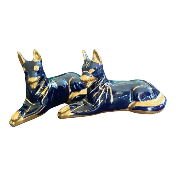 Pair Gold and Blue Ceramic Dog Figurines