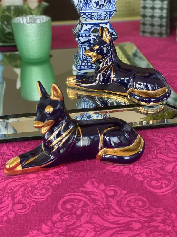 Pair Gold and Blue Ceramic Dog Figurines