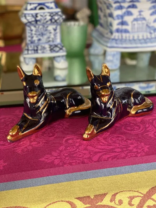 Pair Gold and Blue Ceramic Dog Figurines