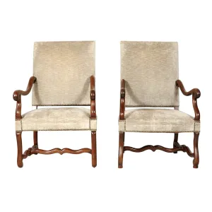 Pair of 19th Century French Louis XIII Style Walnut Os de Mouton Oversized Fireside Armchairs