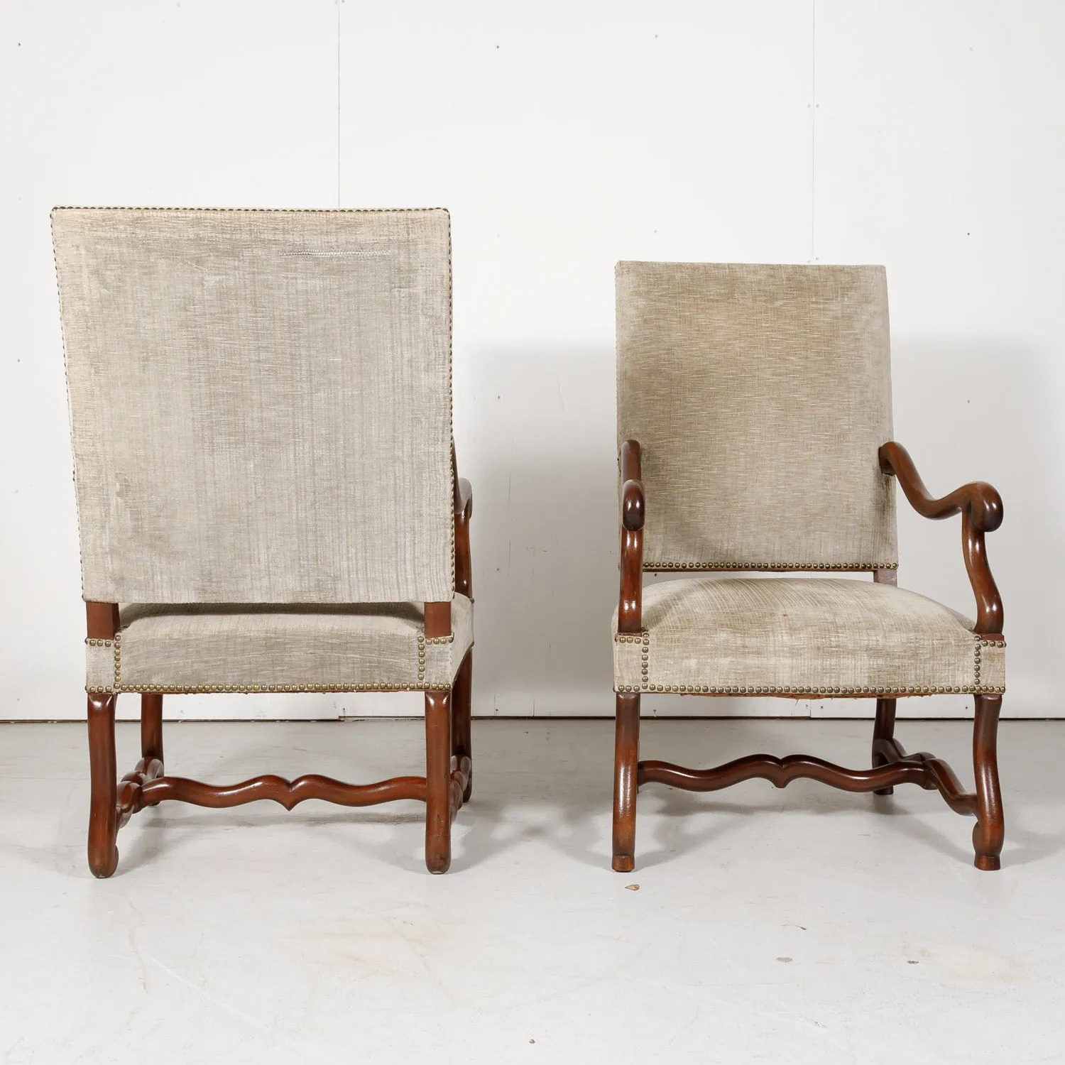 Pair of 19th Century French Louis XIII Style Walnut Os de Mouton Oversized Fireside Armchairs