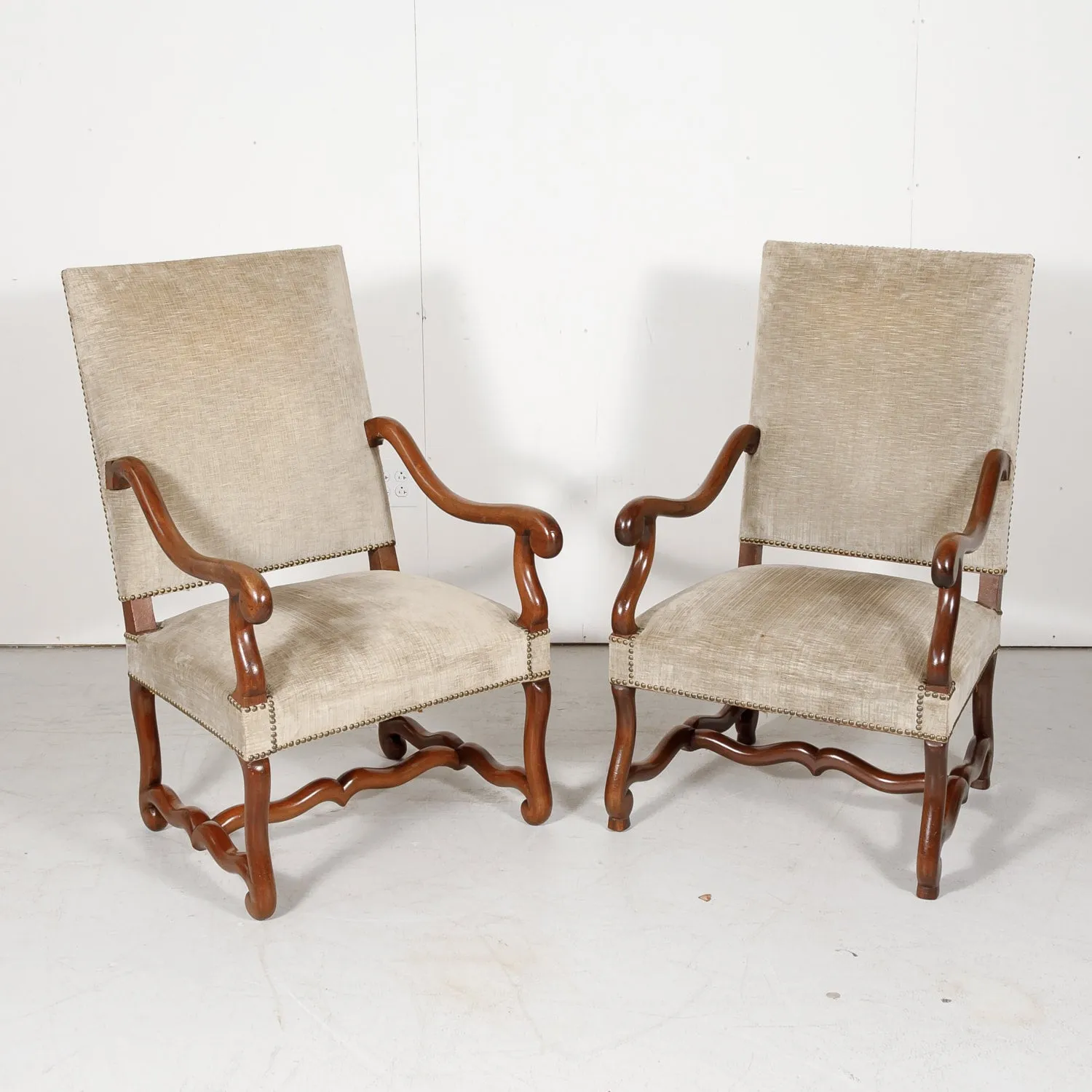 Pair of 19th Century French Louis XIII Style Walnut Os de Mouton Oversized Fireside Armchairs