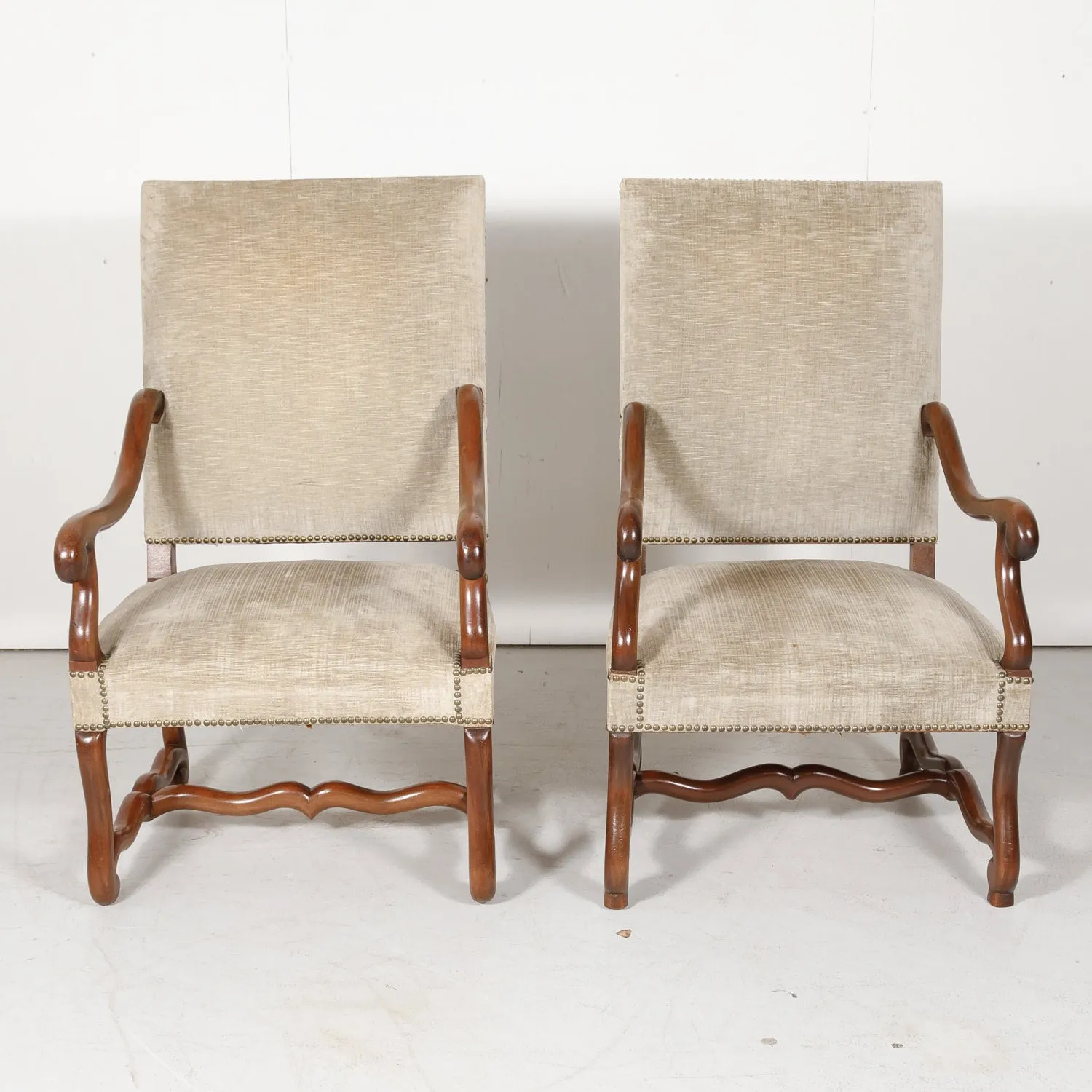 Pair of 19th Century French Louis XIII Style Walnut Os de Mouton Oversized Fireside Armchairs