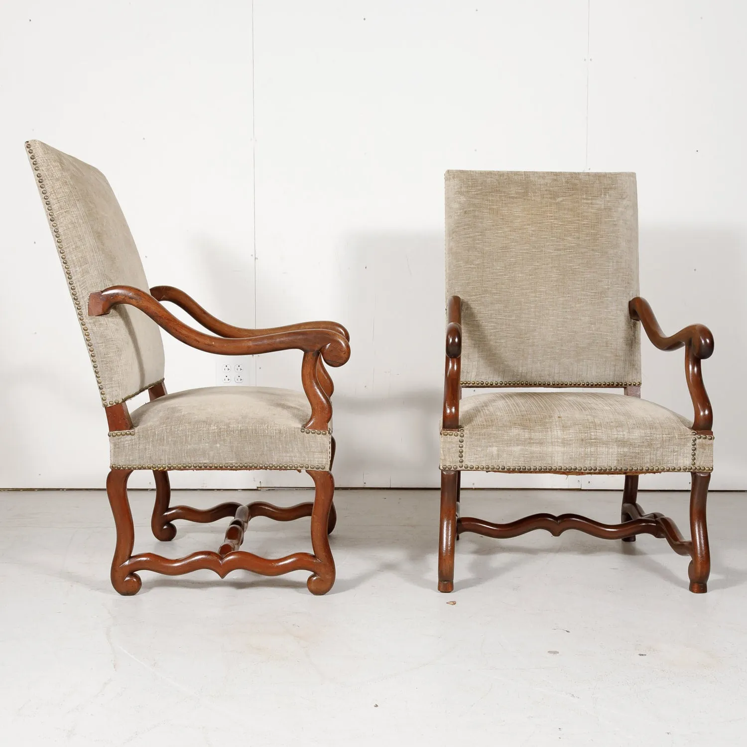 Pair of 19th Century French Louis XIII Style Walnut Os de Mouton Oversized Fireside Armchairs