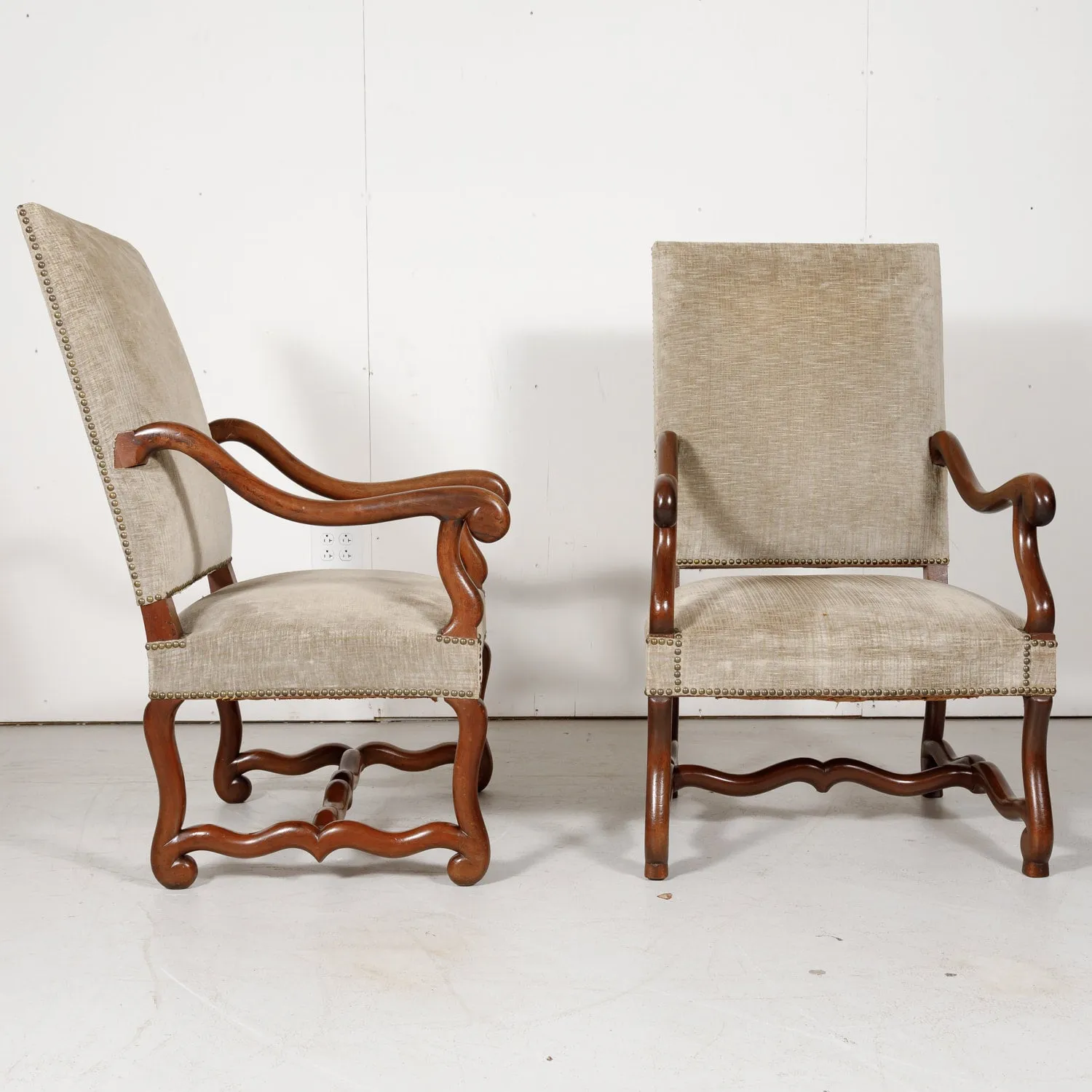 Pair of 19th Century French Louis XIII Style Walnut Os de Mouton Oversized Fireside Armchairs