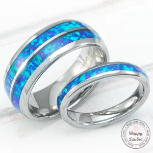 Pair of  3 & 8mm assorted Tungsten Carbide Rings with Blue Opal Inlay - Dome Shape, Comfort Fitment