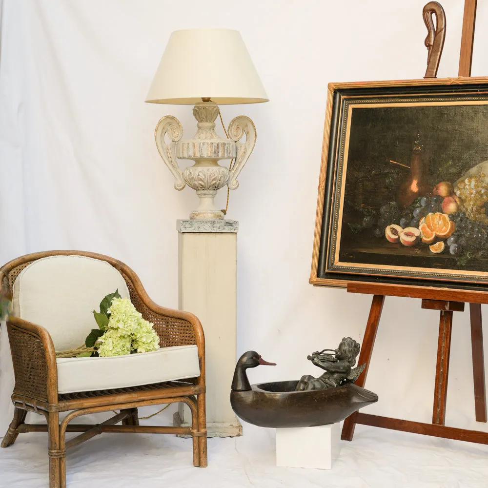 Pair of Very Large French Urn-Shaped Wooden Table Lamps w/ Gold & Gray Patina 32¼"