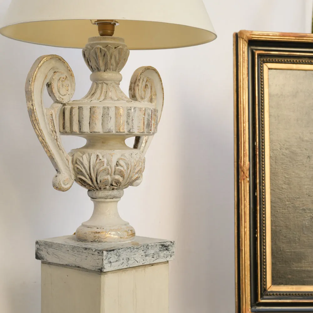 Pair of Very Large French Urn-Shaped Wooden Table Lamps w/ Gold & Gray Patina 32¼"