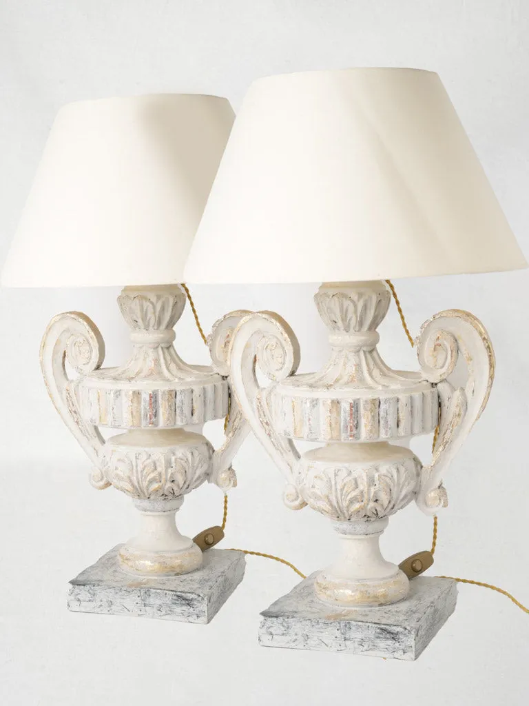 Pair of Very Large French Urn-Shaped Wooden Table Lamps w/ Gold & Gray Patina 32¼"