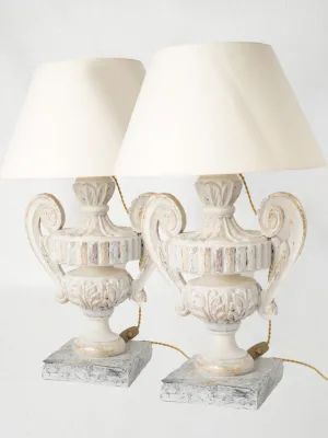 Pair of Very Large French Urn-Shaped Wooden Table Lamps w/ Gold & Gray Patina 32¼"