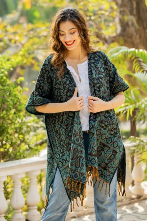 Paisley Floral Leaf-Themed Open Front Fringed Ruana - Midnight Paisley | NOVICA