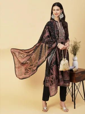 Paisley Printed Gotapatti & Mirror Embroidered Kurta With Pants & Dupatta - Black