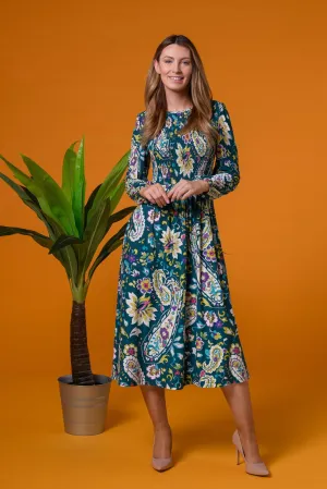 Paisley Shirred Soft Dress in Green