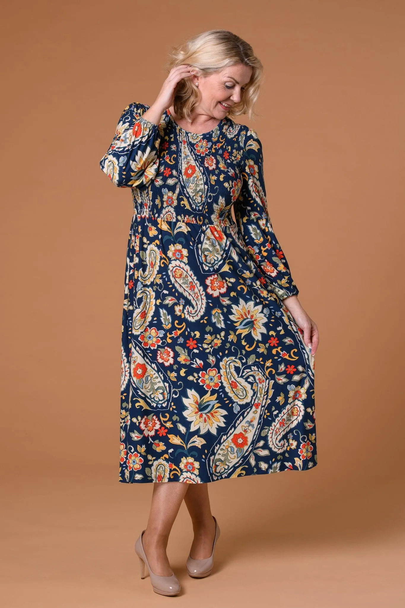 Paisley Shirred Soft Dress Navy