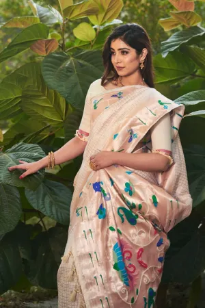 Paithani Saree - Banarasi Soft Silk with Exclusive Zari Pallu: Cream