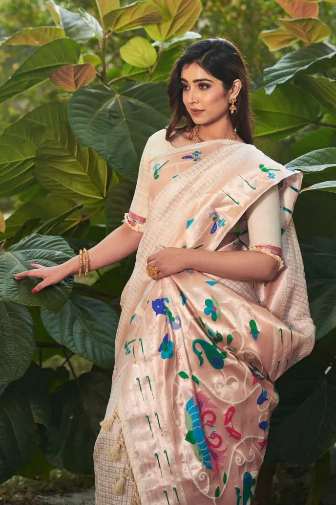 Paithani Saree - Banarasi Soft Silk with Exclusive Zari Pallu: Cream