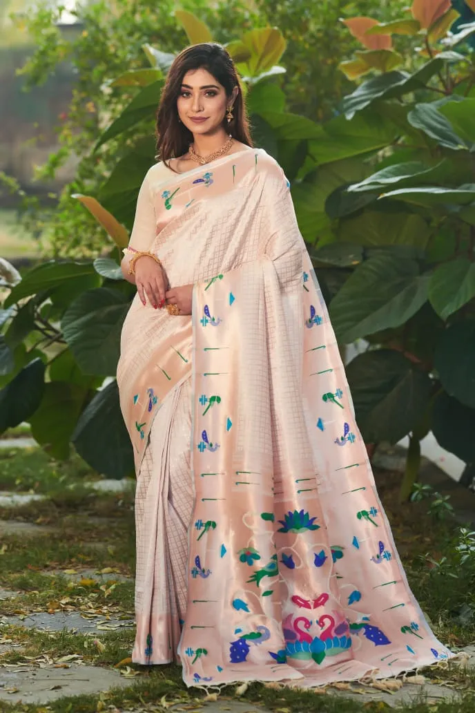 Paithani Saree - Banarasi Soft Silk with Exclusive Zari Pallu: Cream