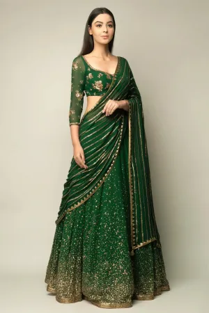 Pakistani Green Lehenga Saree in Georgette