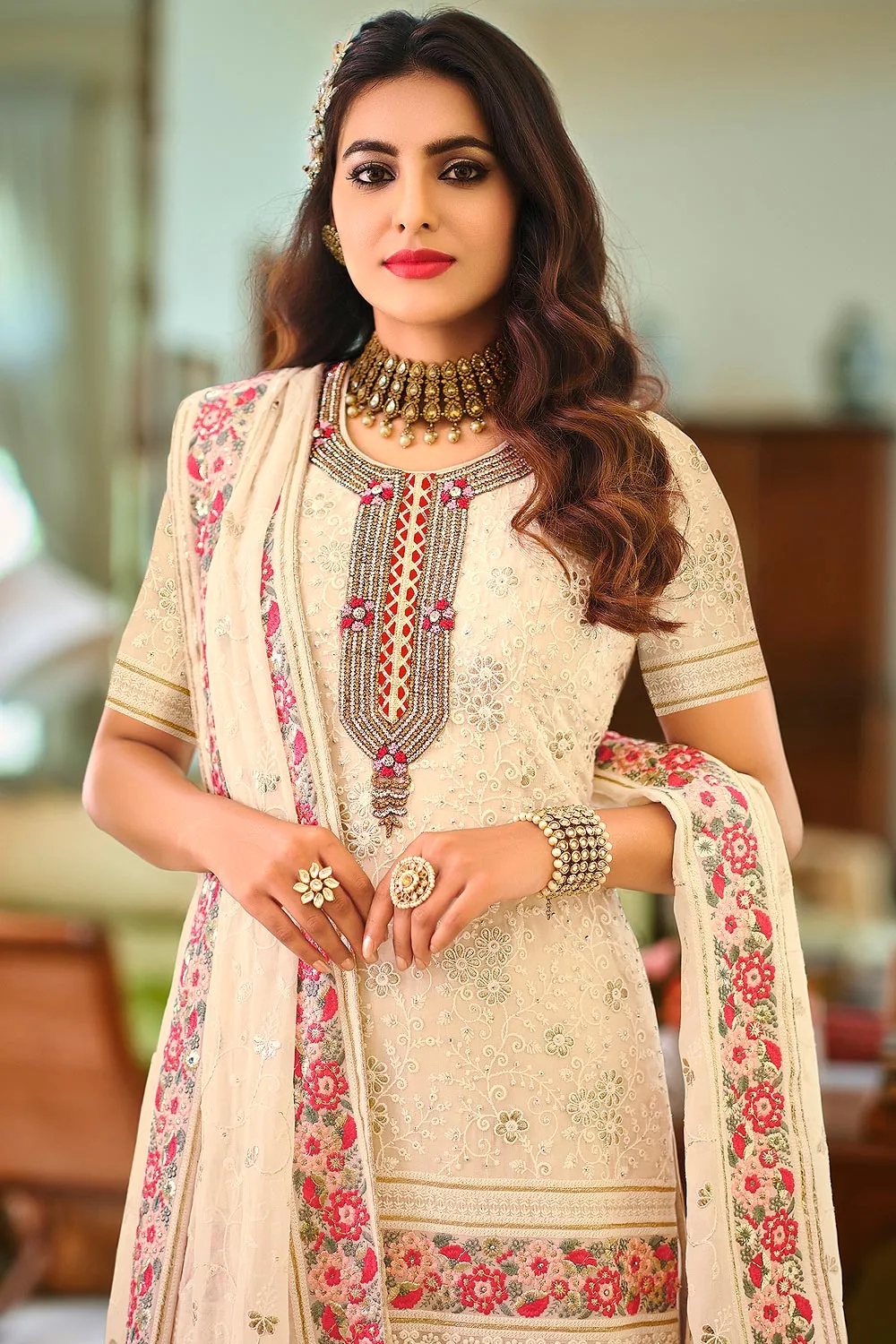 Palazzo Style Cream Embellished Georgette Suit