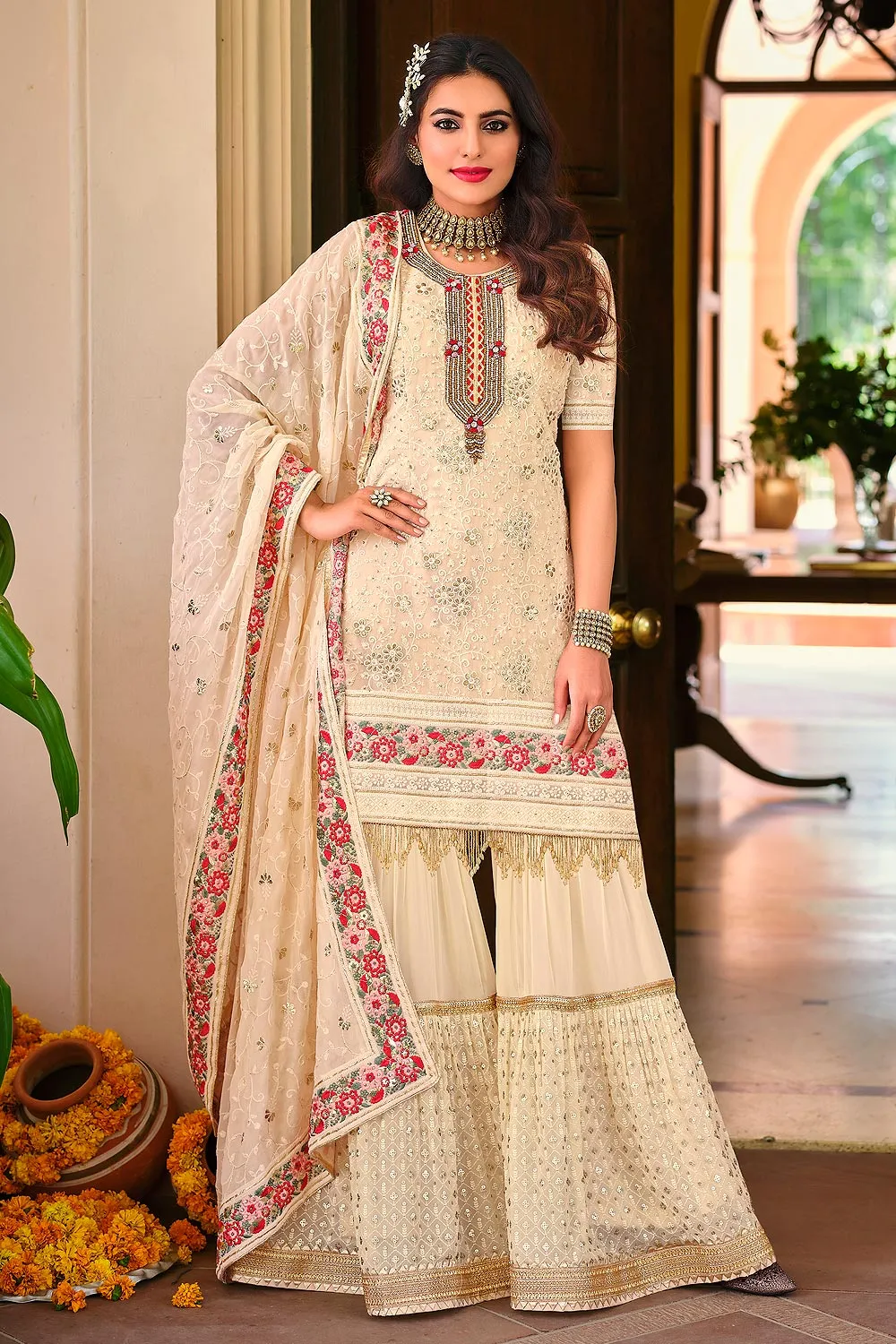 Palazzo Style Cream Embellished Georgette Suit