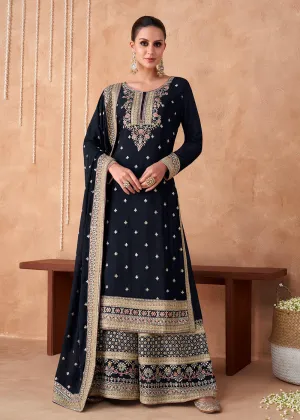 Palazzo Style Dark Blue Georgette & Chinon Salwar Suit