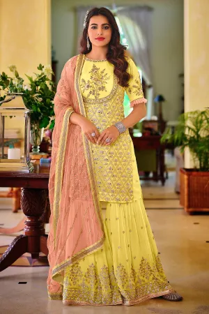 Palazzo Style Lemon Yellow Embellished Georgette Suit