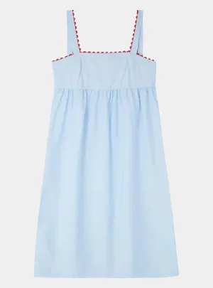 Pale Blue Mini Nightdress With Red Ric Rac - 100% Cotton Poplin