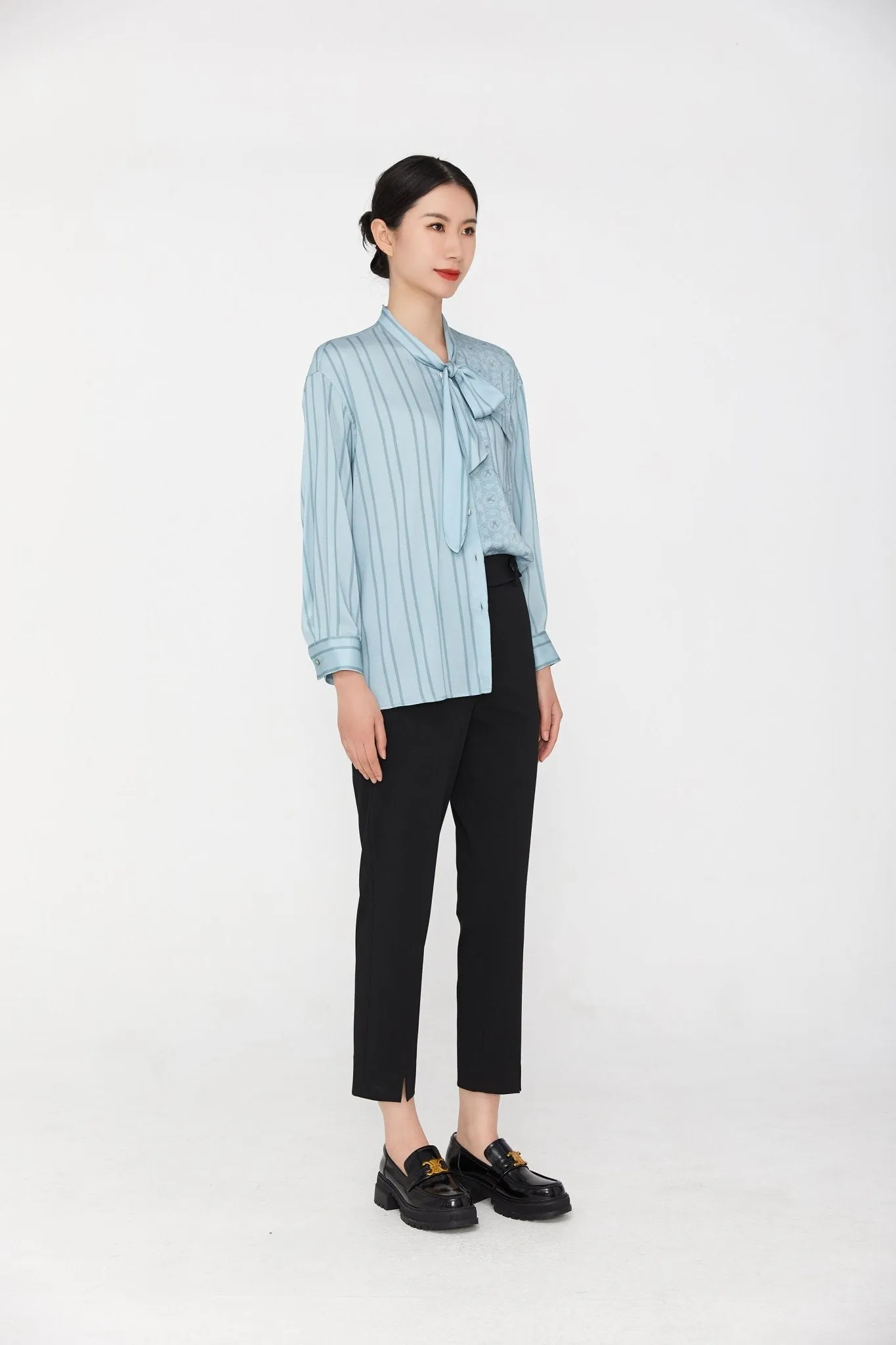 Pale Blue Striped Bow Tie Blouses