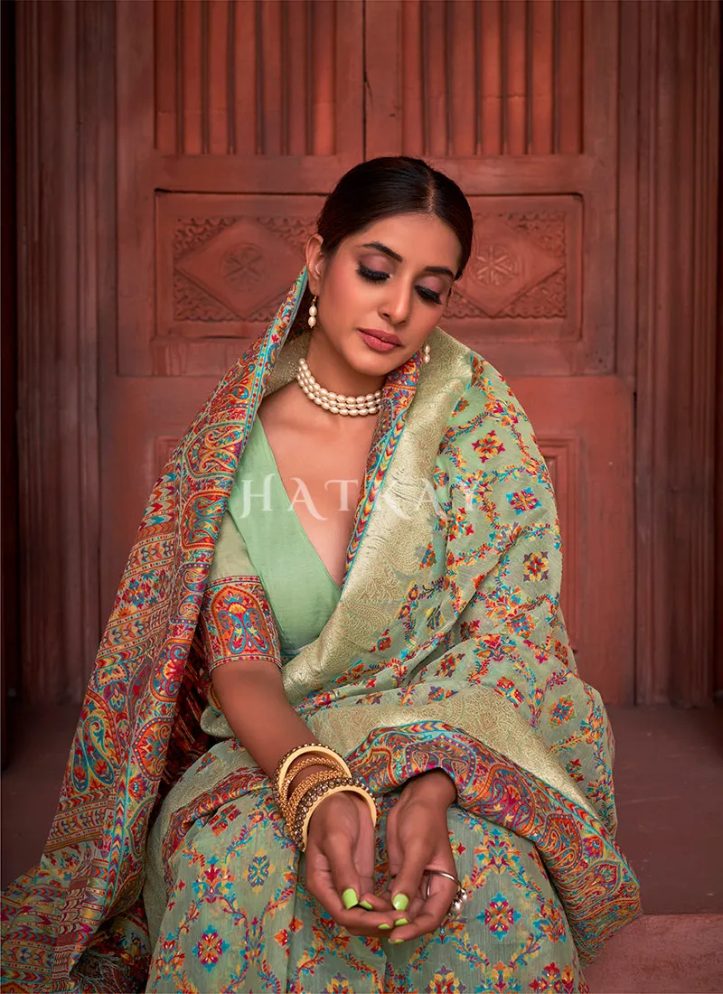 Pale Green Digital Printed Pashmina Silk Saree