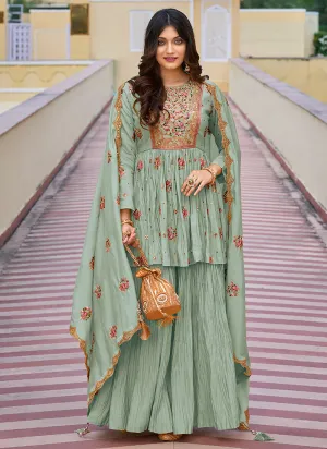 Pale Green Multi Embroidered Designer Gharara Suit