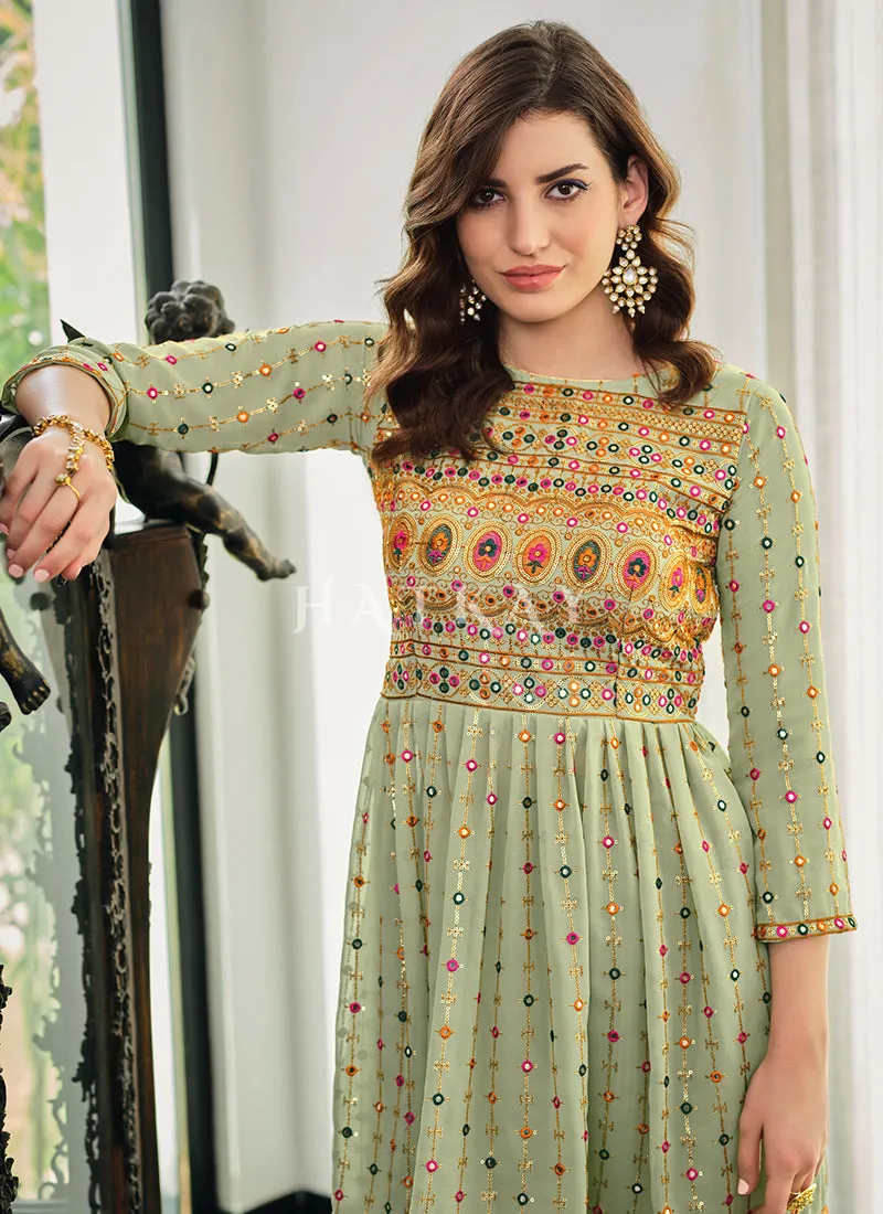 Pale Green Multi Embroidered Gharara Suit