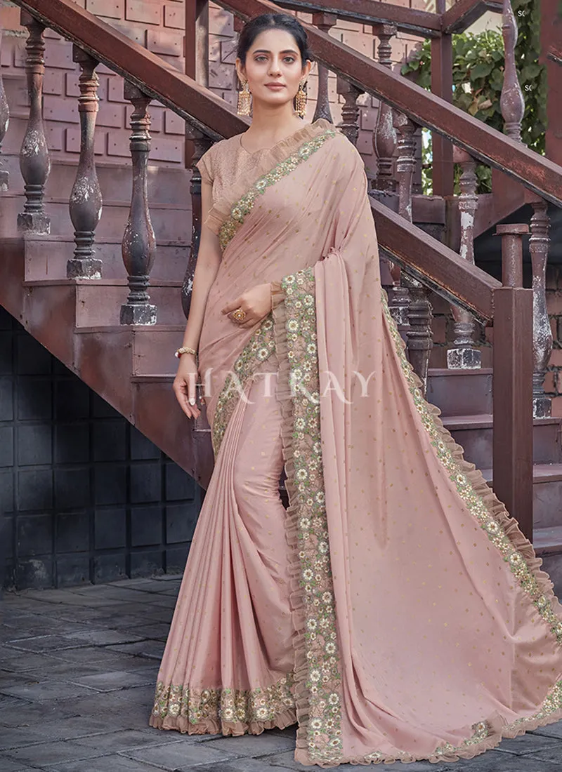 Pale Pink Floral Designer Chiffon Saree